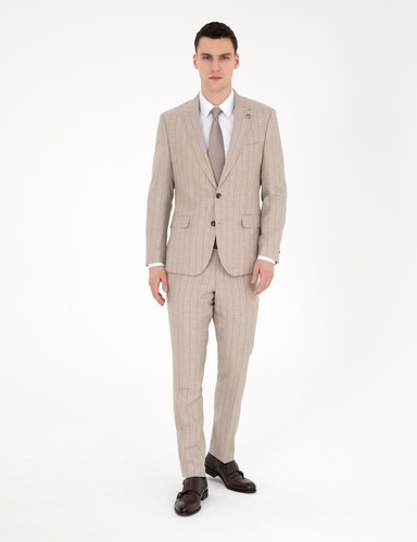 Bej Slim Fit Yün Keten Karışımlı Çizgili Takım Elbise