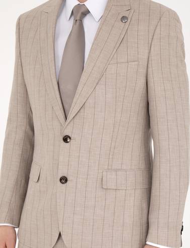 Bej Slim Fit Yün Keten Karışımlı Çizgili Takım Elbise
