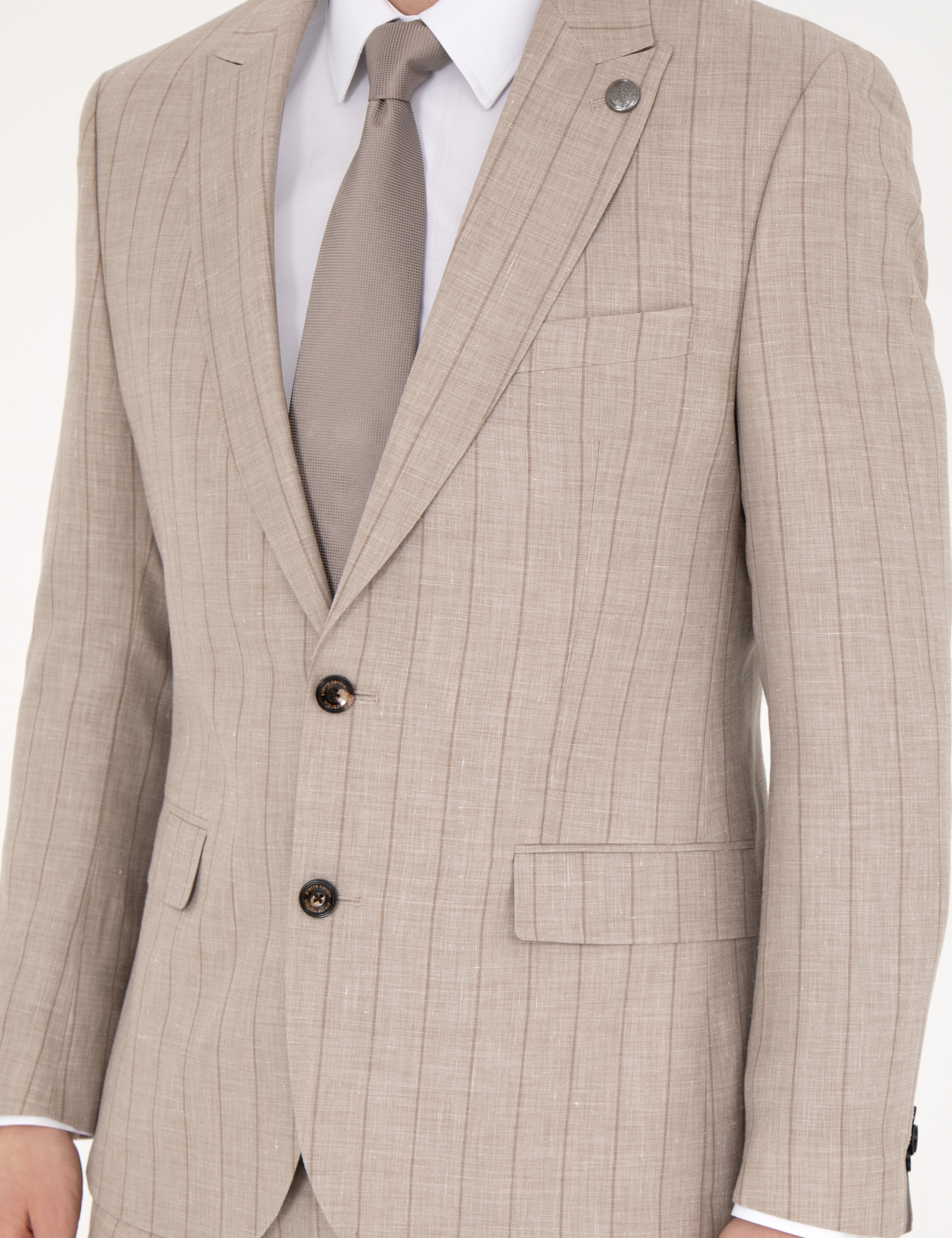 Bej Slim Fit Yün Keten Karışımlı Çizgili Takım Elbise - Image 6