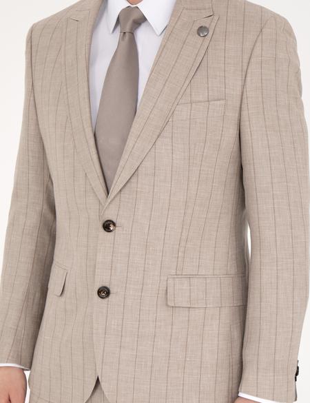 Bej Slim Fit Yün Keten Karışımlı Çizgili Takım Elbise - 50285350020