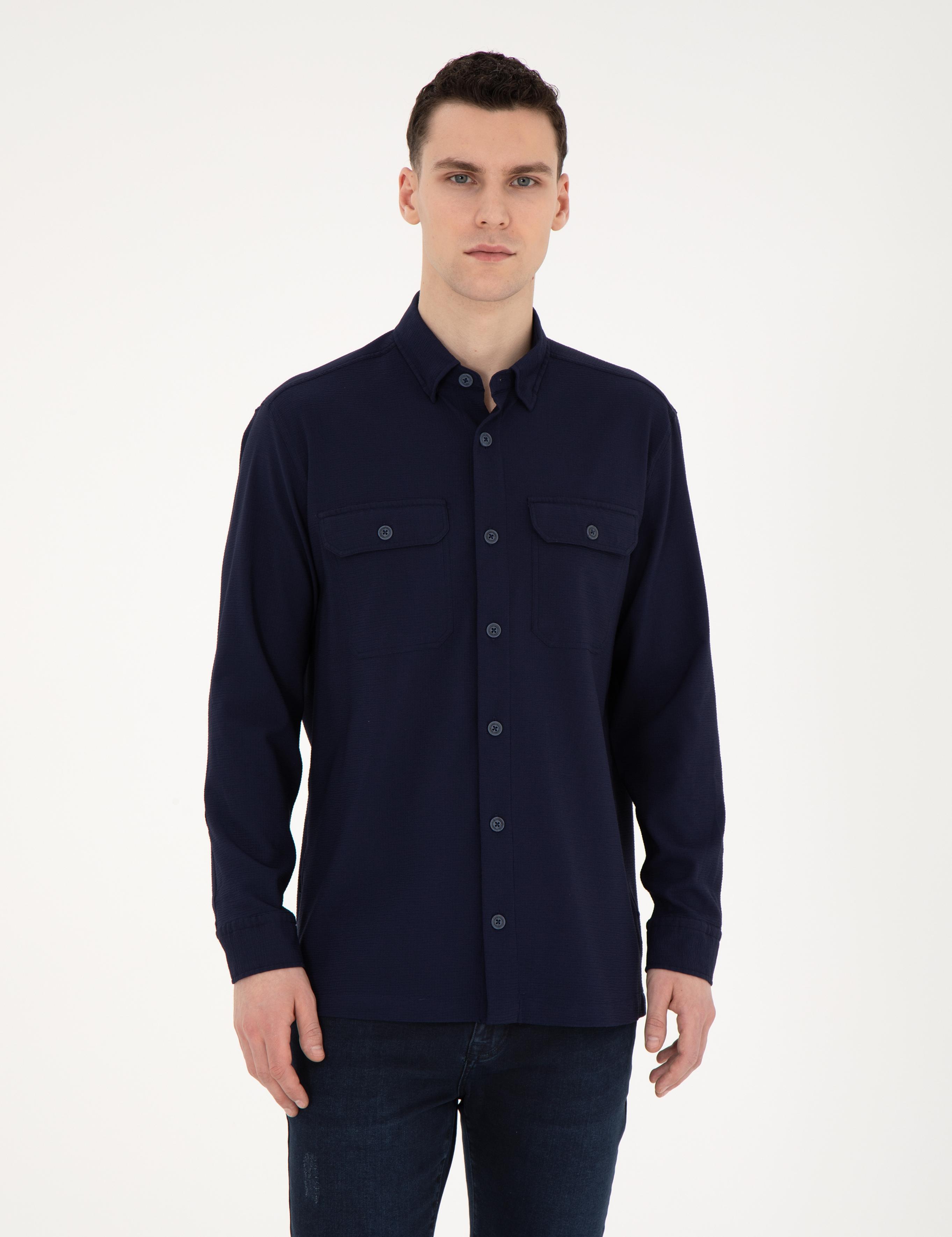 Lacivert Comfort Fit Uzun Kollu Gömlek