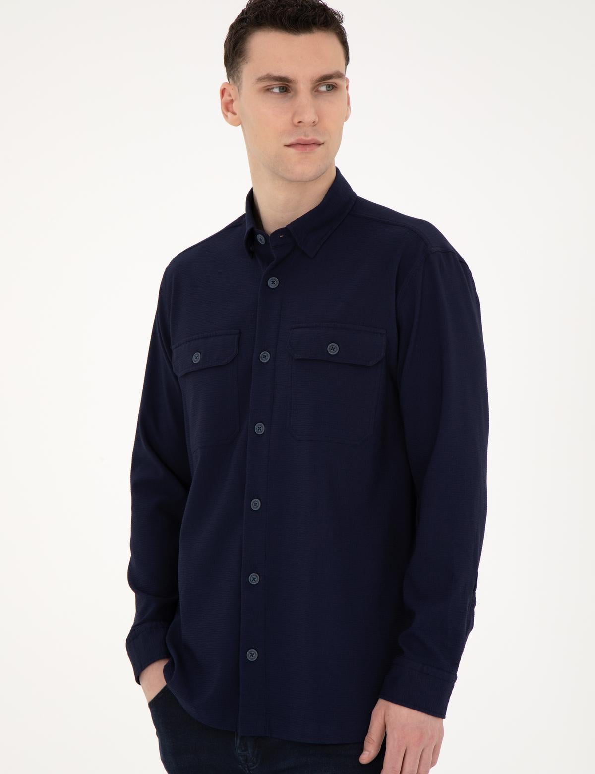 Lacivert Comfort Fit Uzun Kollu Gömlek