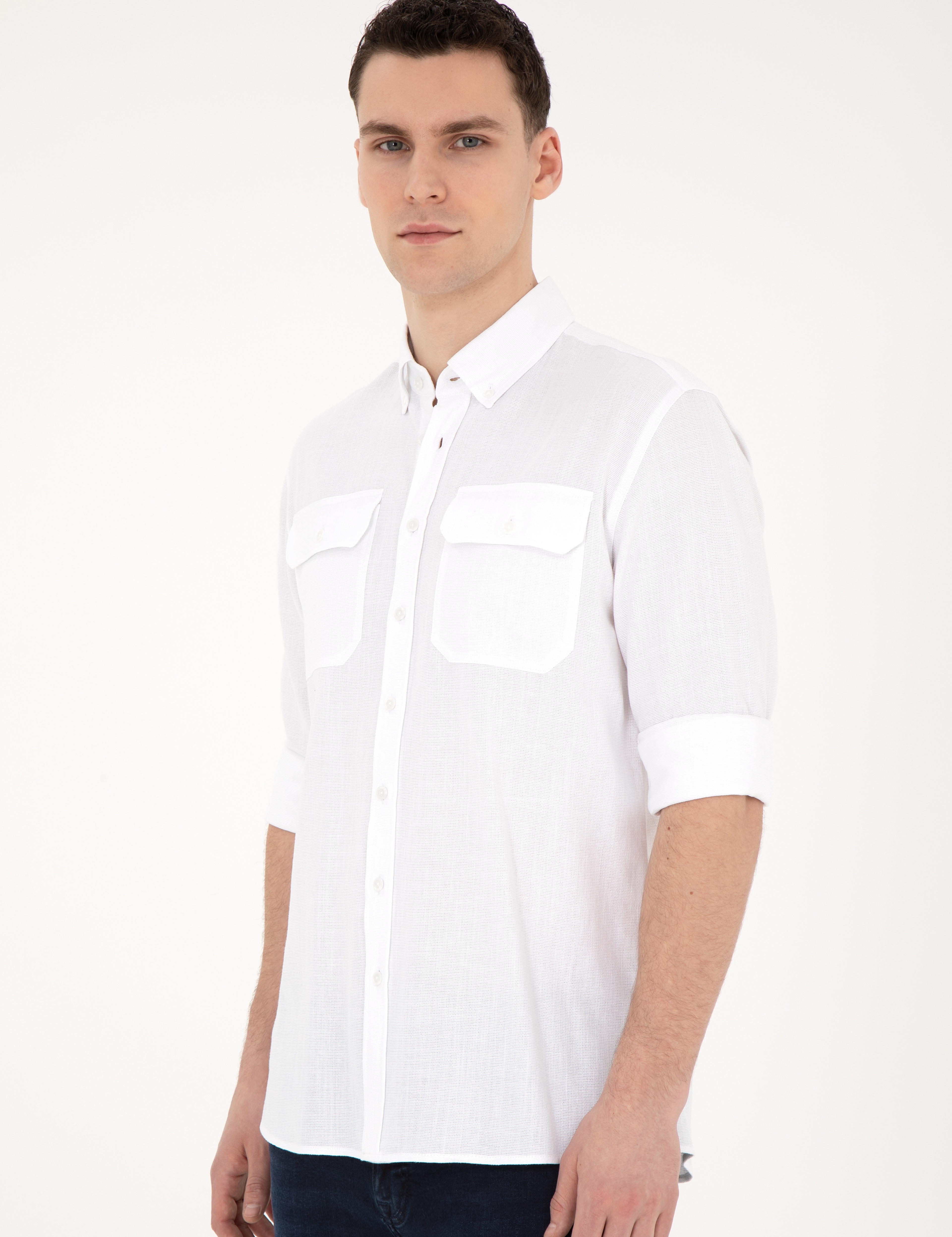 Beyaz Regular Fit Uzun Kollu Gömlek - Image 2