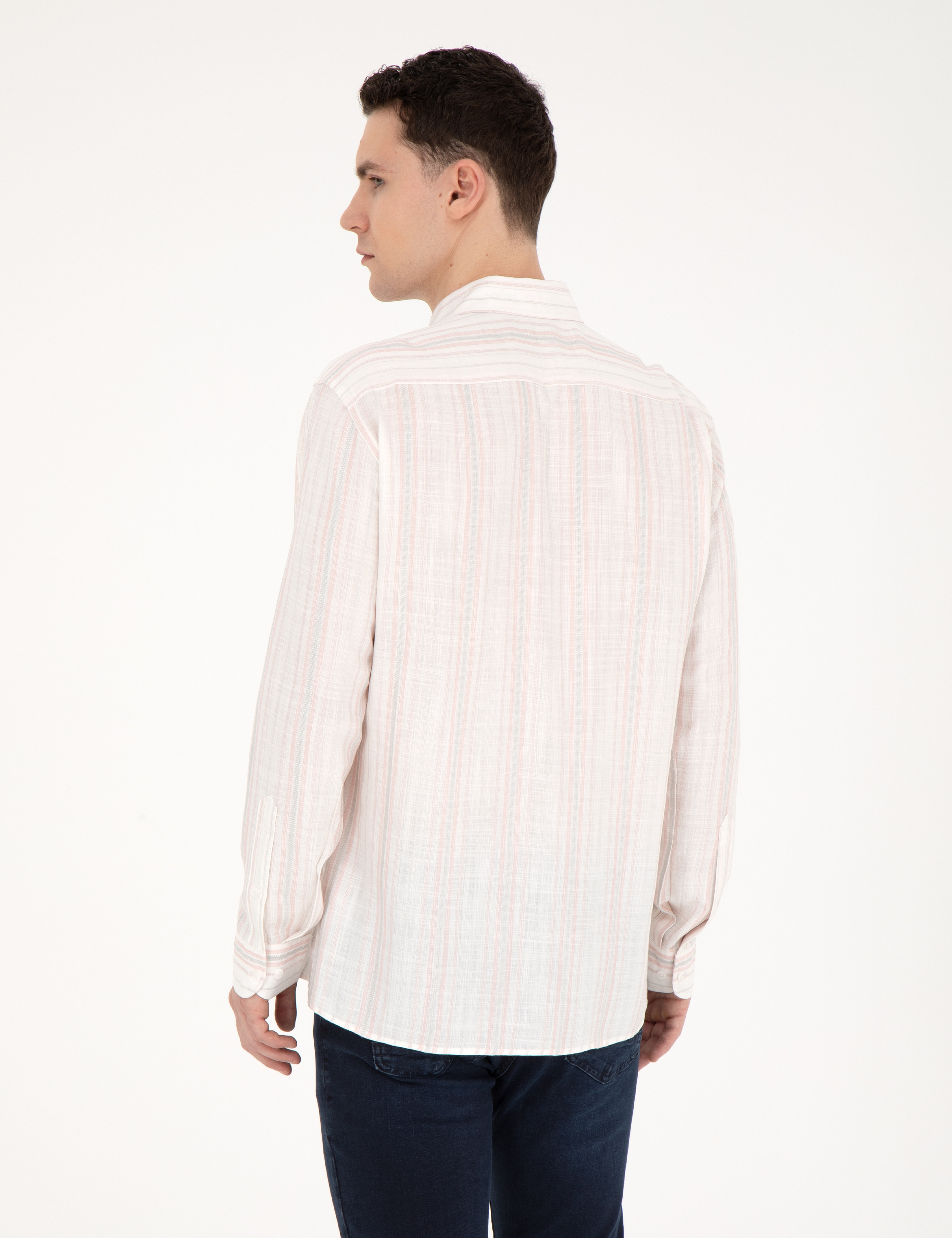 Açık Pembe Keten Karışımlı Regular Fit Uzun Kollu Gömlek - Image 5