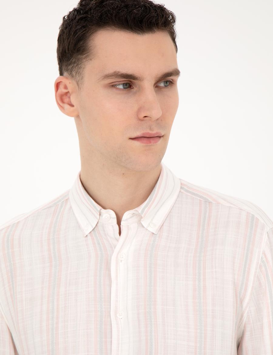 Açık Pembe Keten Karışımlı Regular Fit Uzun Kollu Gömlek