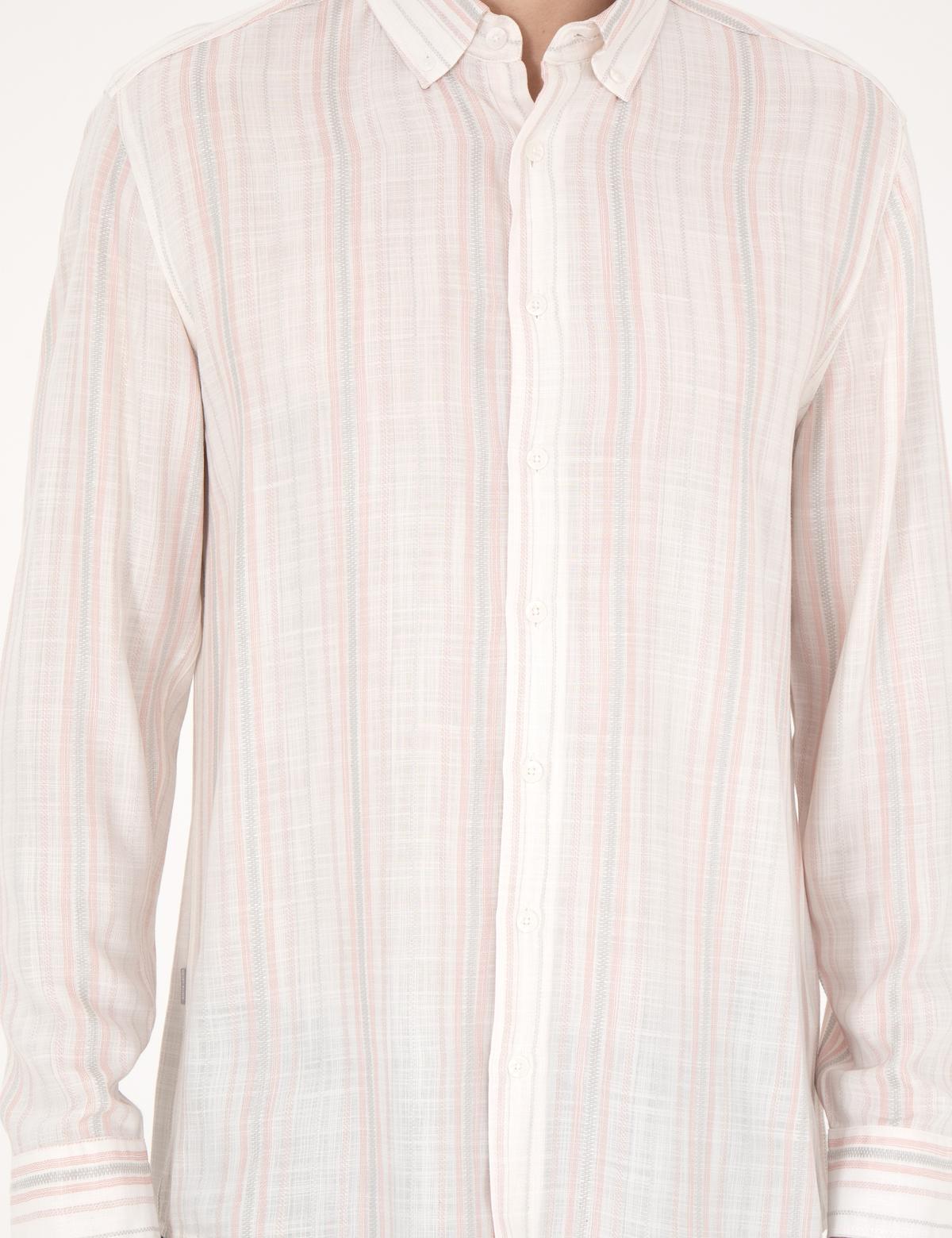 Açık Pembe Keten Karışımlı Regular Fit Uzun Kollu Gömlek - 50283522003