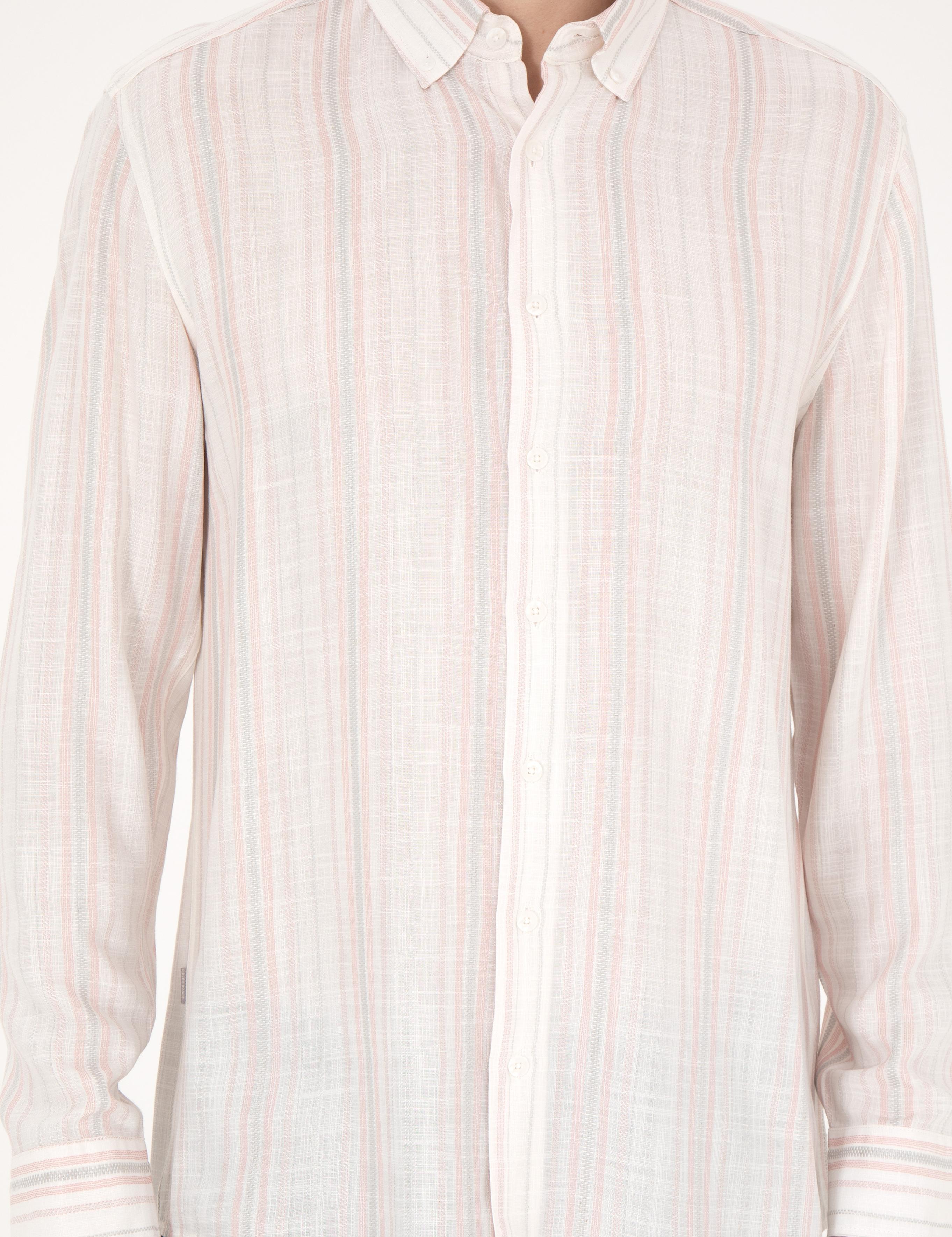 Açık Pembe Keten Karışımlı Regular Fit Uzun Kollu Gömlek