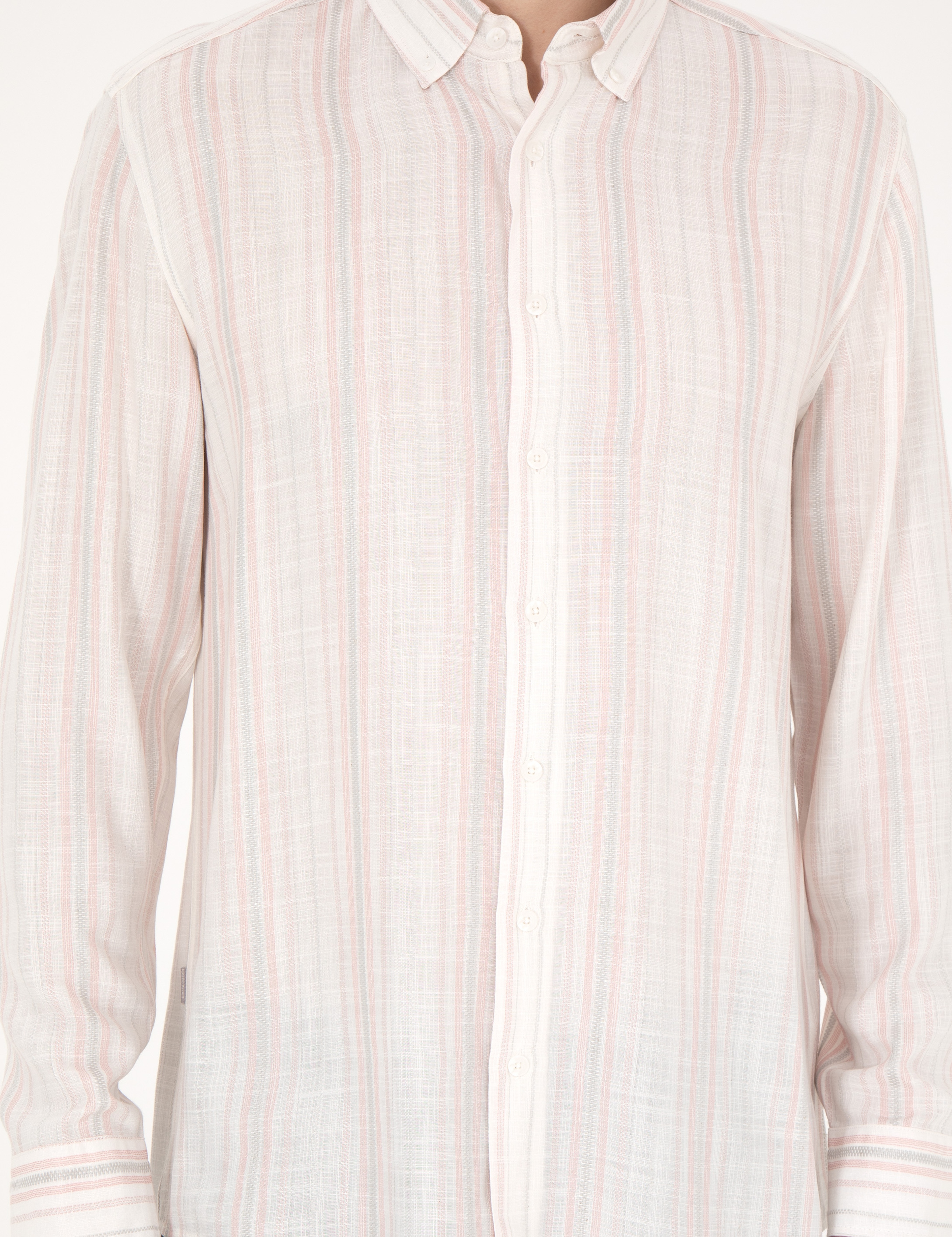 Açık Pembe Keten Karışımlı Regular Fit Uzun Kollu Gömlek - Image 6