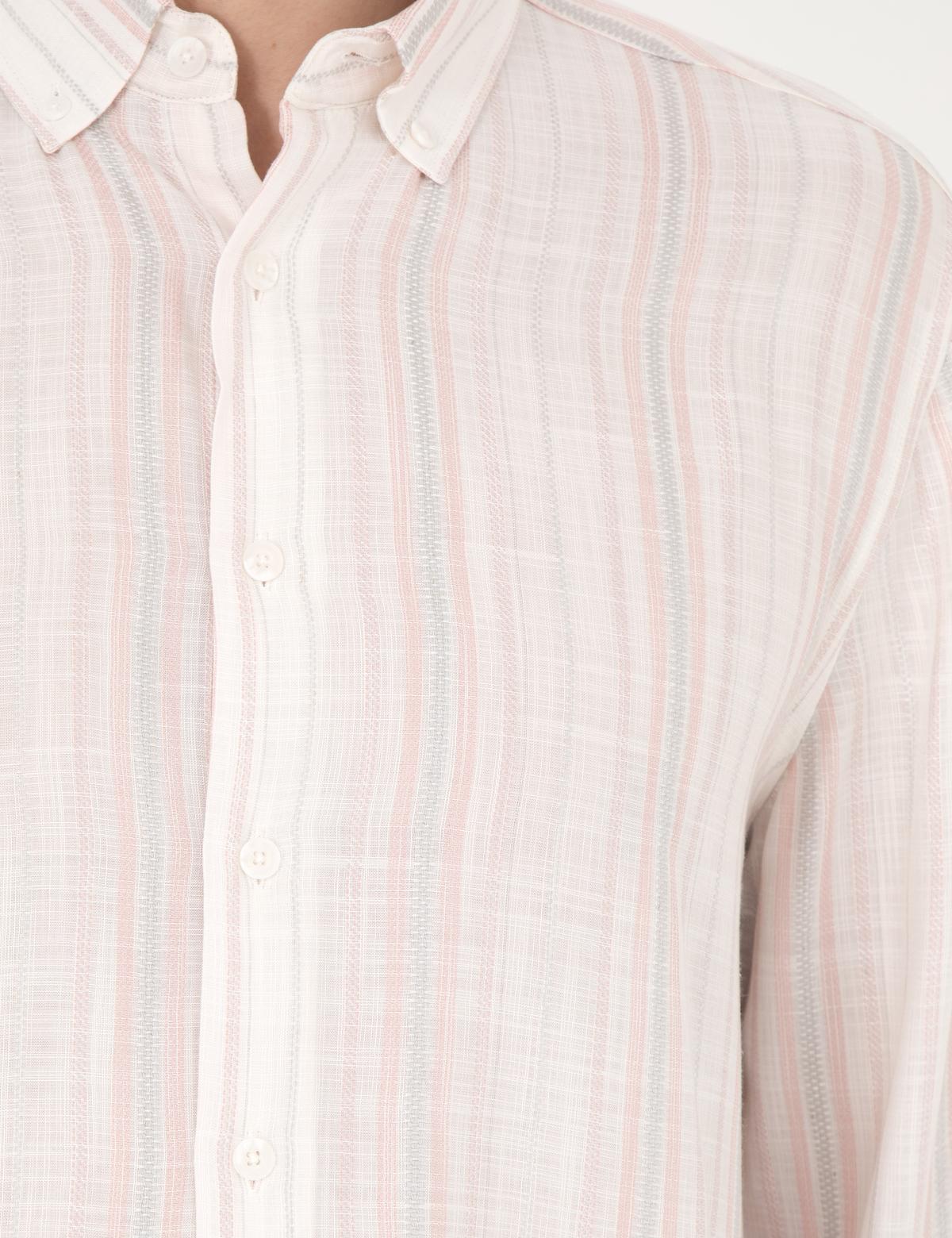 Açık Pembe Keten Karışımlı Regular Fit Uzun Kollu Gömlek - 50283522003