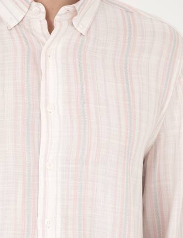 Açık Pembe Keten Karışımlı Regular Fit Uzun Kollu Gömlek