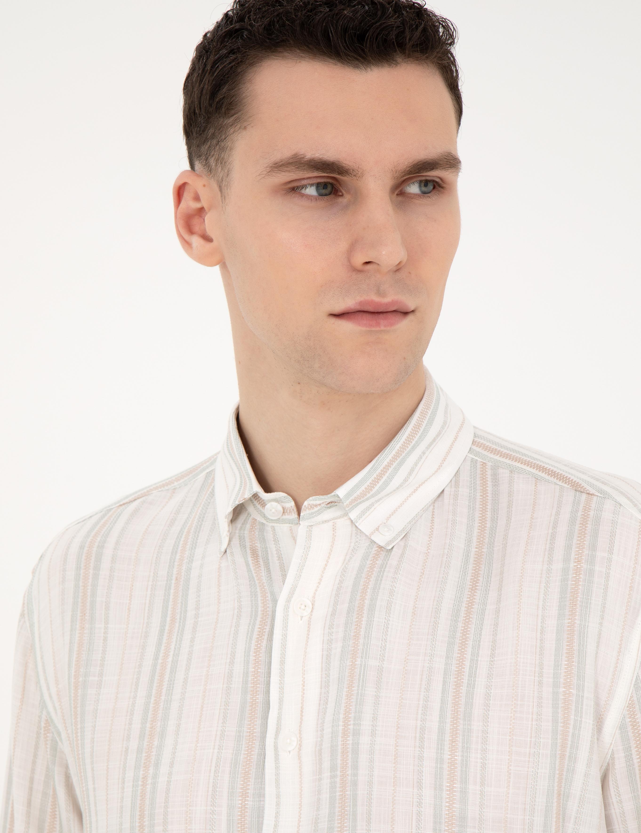 Yeşil Keten Karışımlı Regular Fit Gömlek