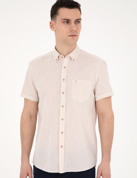 Bej Keten Karışımlı Regular Fit Kısa Kollu Gömlek - 50284166016