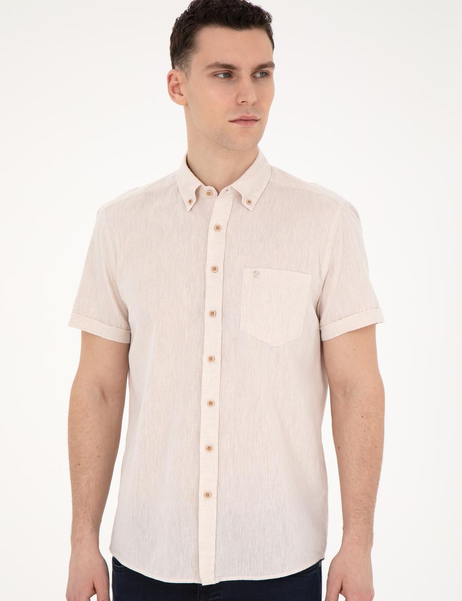 Bej Keten Karışımlı Regular Fit Kısa Kollu Gömlek