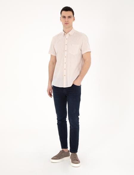 Bej Keten Karışımlı Regular Fit Kısa Kollu Gömlek - 50284166016