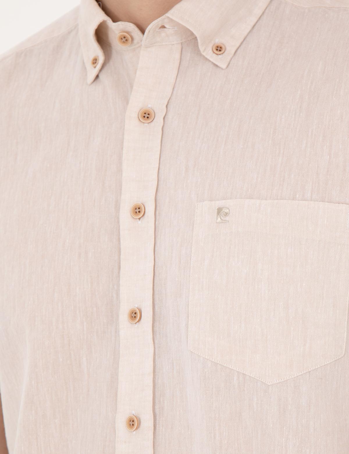 Bej Keten Karışımlı Regular Fit Kısa Kollu Gömlek - 50284166016