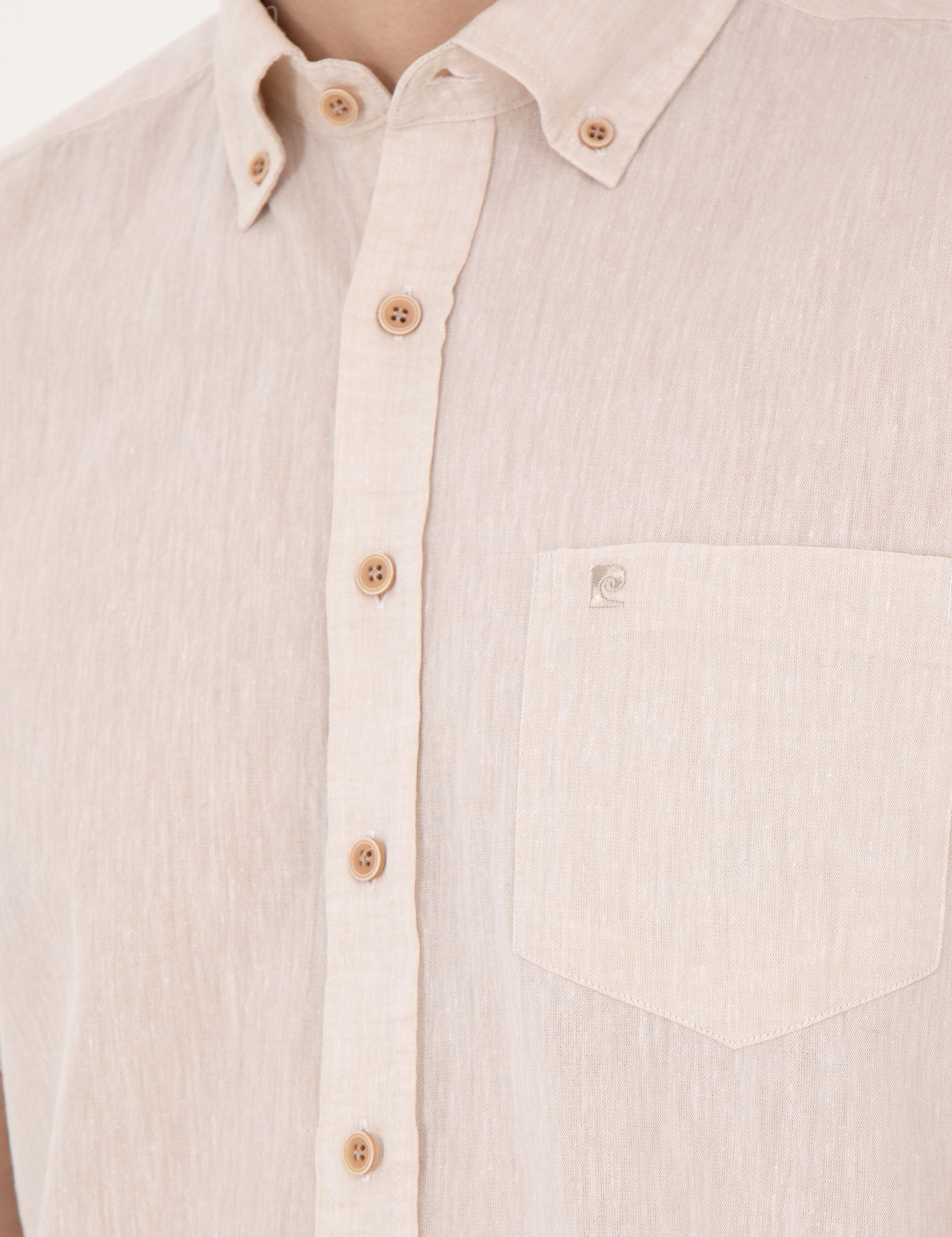 Bej Keten Karışımlı Regular Fit Kısa Kollu Gömlek