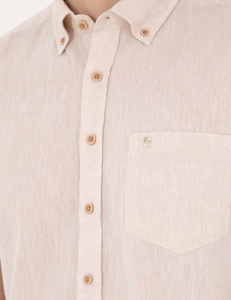 Bej Keten Karışımlı Regular Fit Kısa Kollu Gömlek - 50284166016