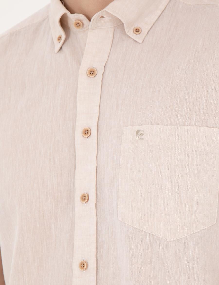 Bej Keten Karışımlı Regular Fit Kısa Kollu Gömlek