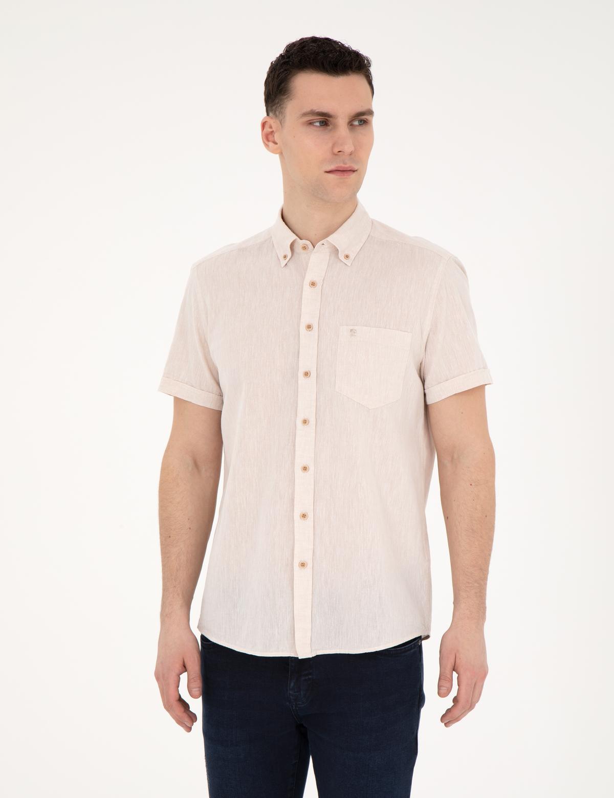 Bej Keten Karışımlı Regular Fit Kısa Kollu Gömlek - 50284166016