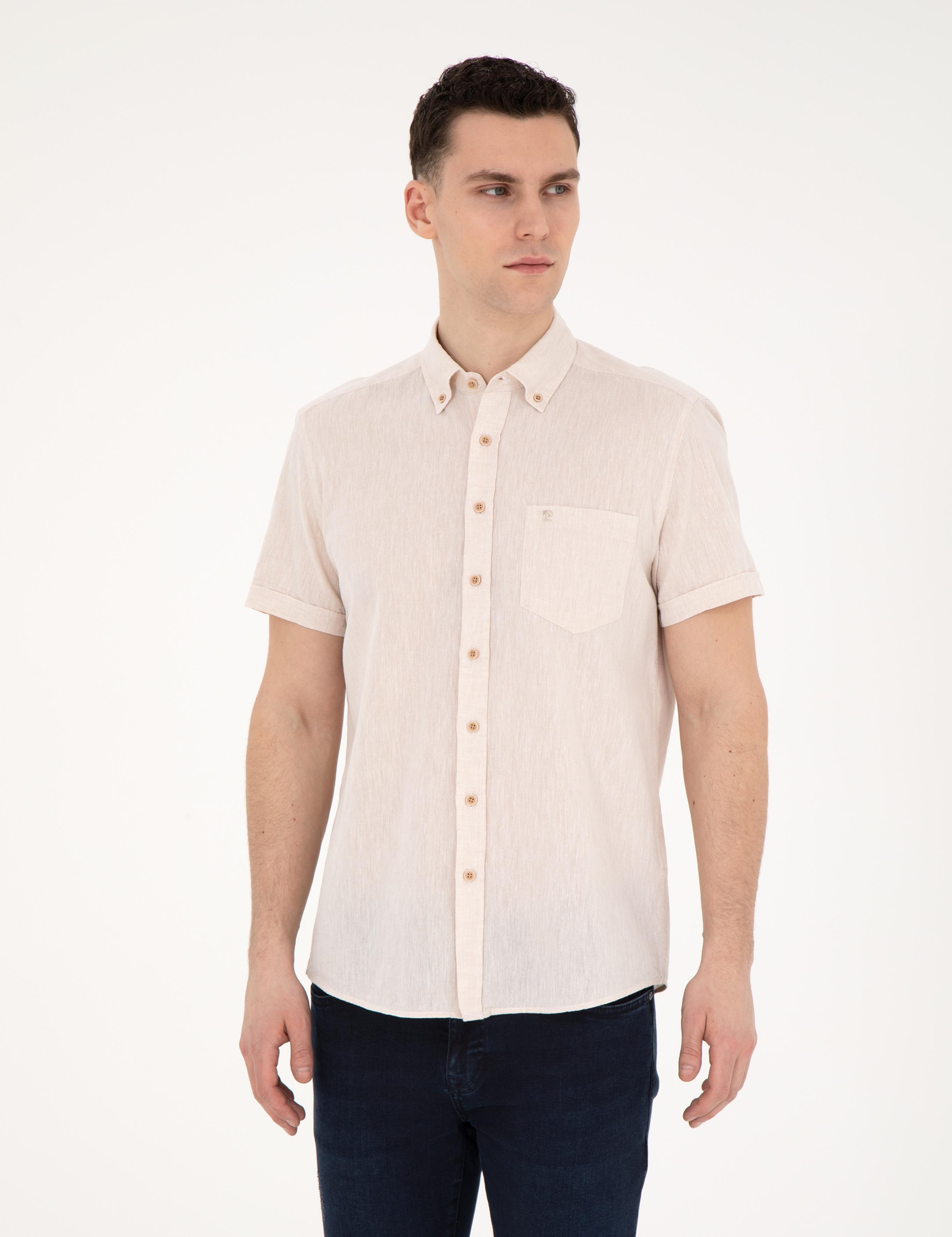 Bej Keten Karışımlı Regular Fit Kısa Kollu Gömlek