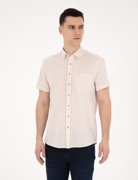 Bej Keten Karışımlı Regular Fit Kısa Kollu Gömlek - 50284166016