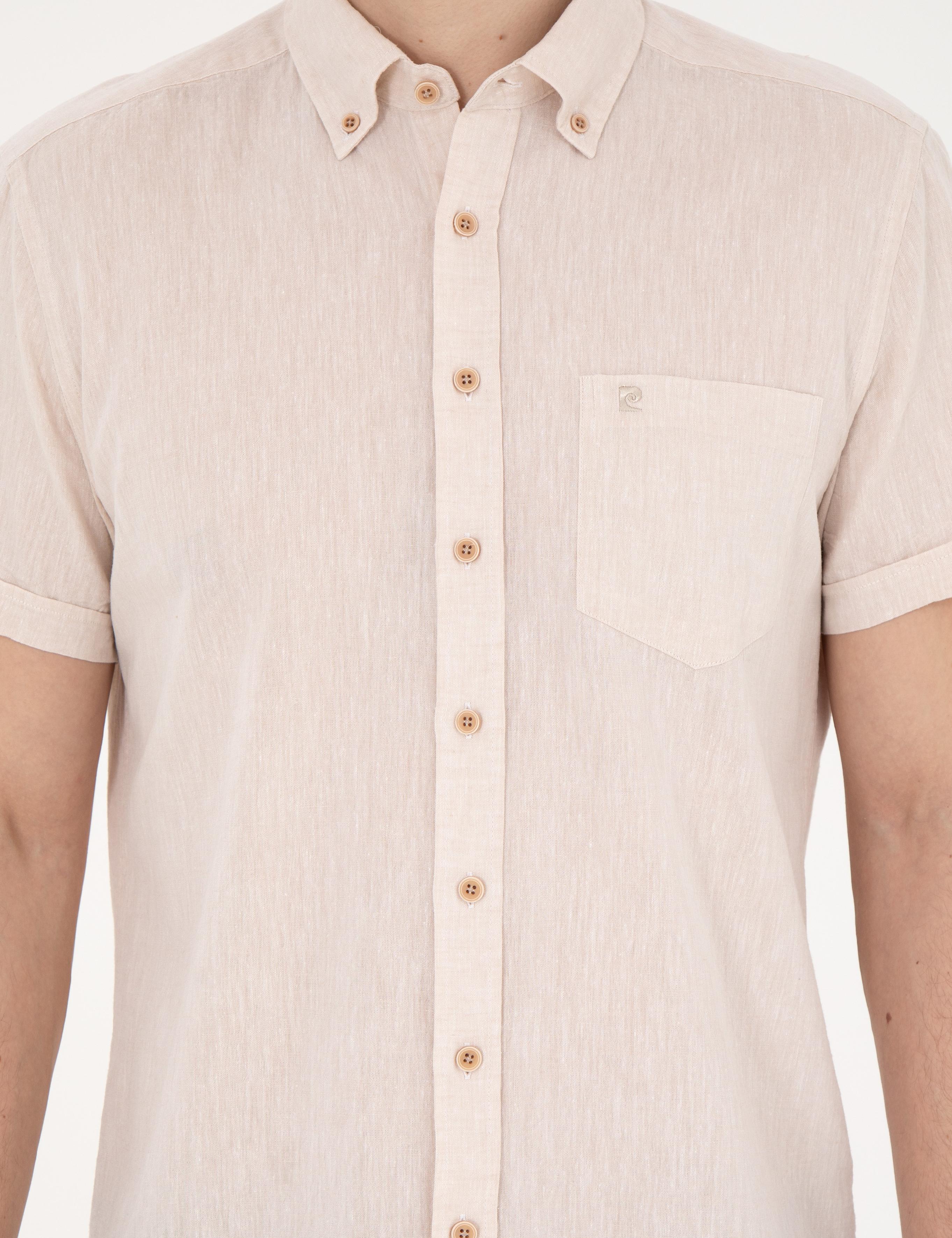 Bej Keten Karışımlı Regular Fit Kısa Kollu Gömlek