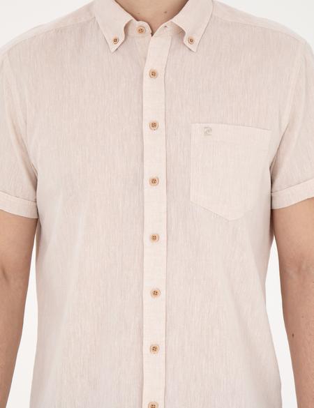 Bej Keten Karışımlı Regular Fit Kısa Kollu Gömlek - 50284166016