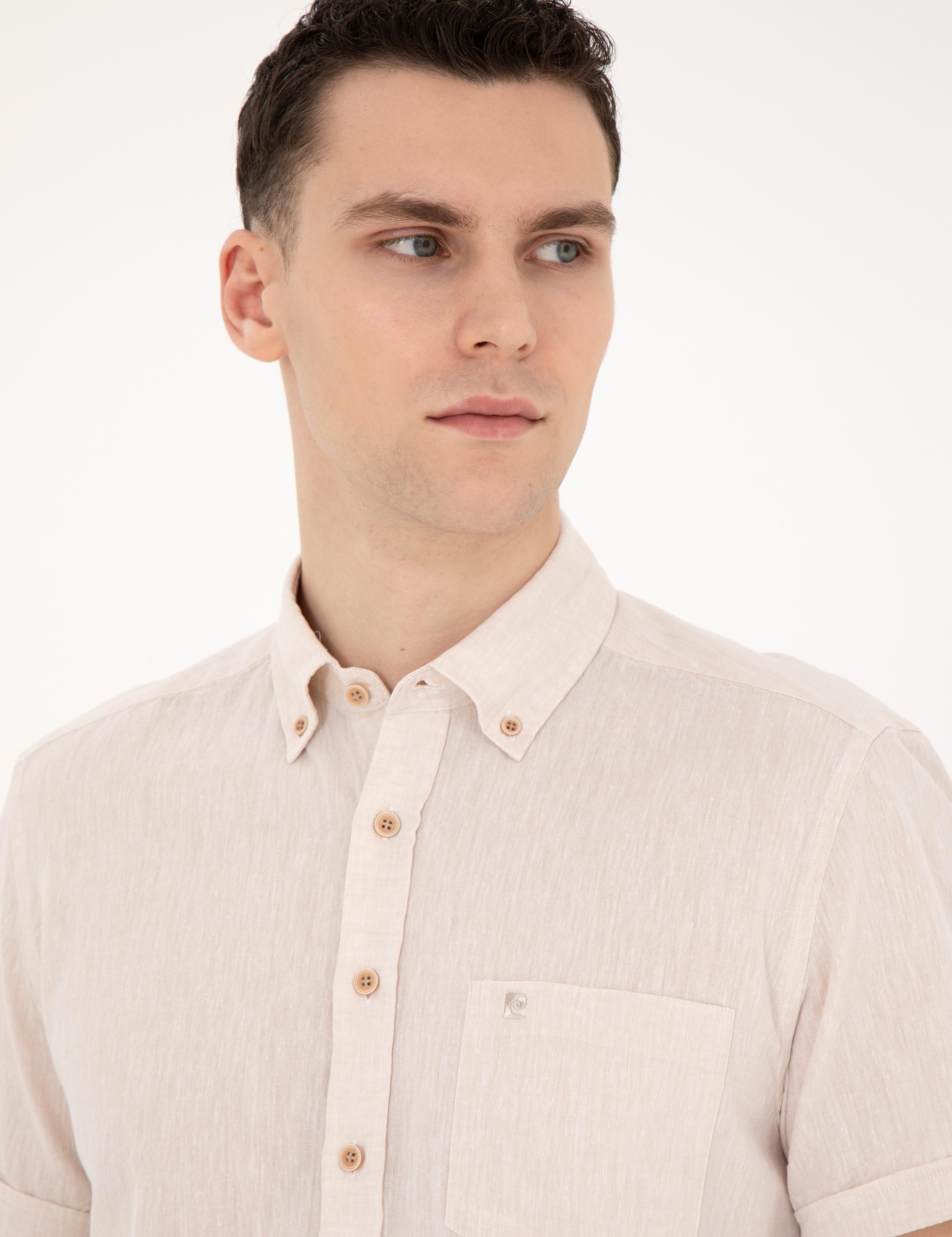 Bej Keten Karışımlı Regular Fit Kısa Kollu Gömlek