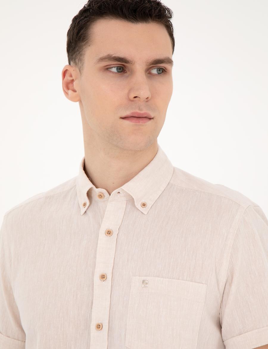 Bej Keten Karışımlı Regular Fit Kısa Kollu Gömlek