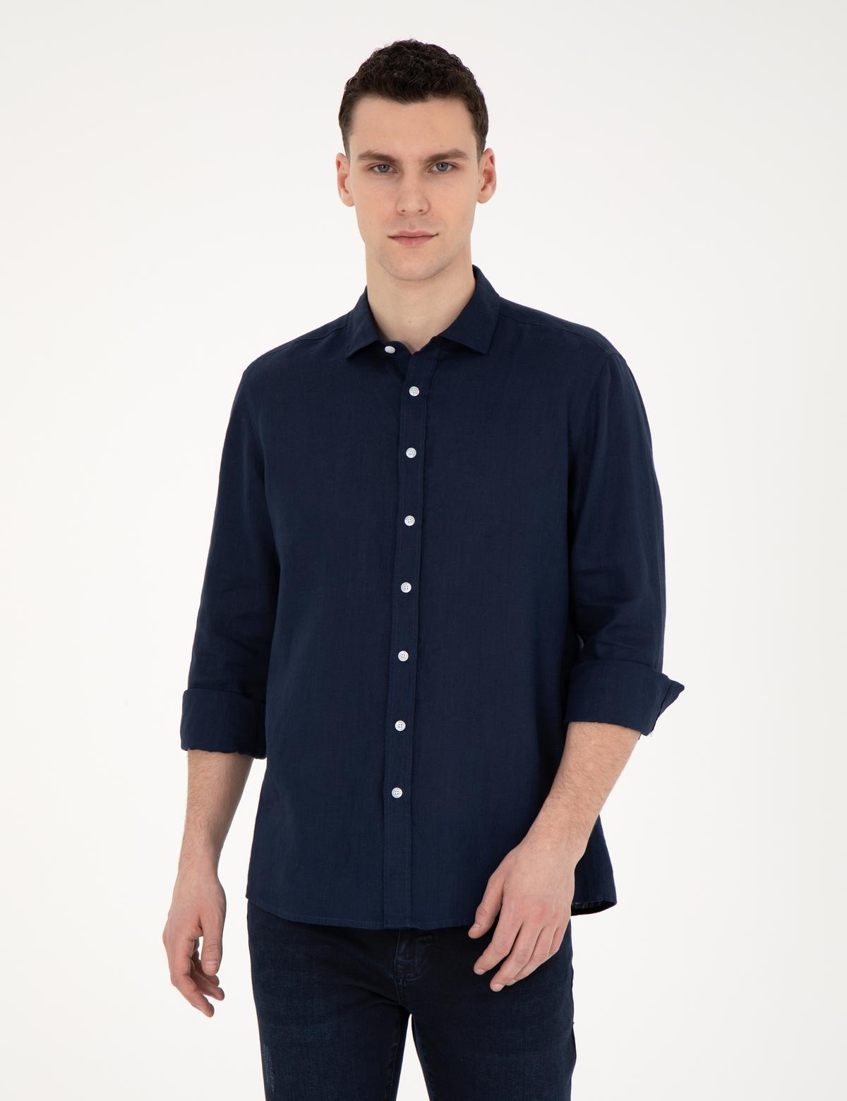 Koyu Lacivert Keten Regular Fit Gömlek - 50284915042