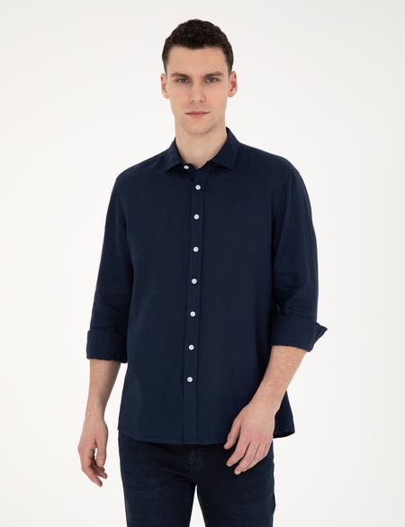 Koyu Lacivert Keten Regular Fit Gömlek - 50284915042