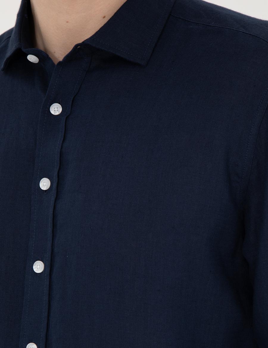 Koyu Lacivert Keten Regular Fit Gömlek