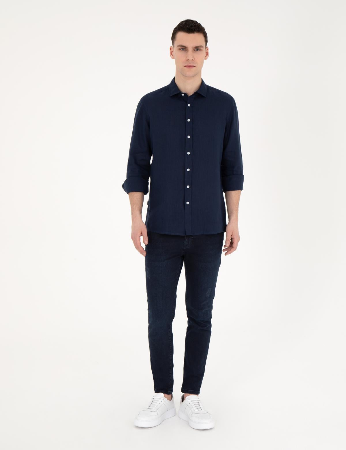 Koyu Lacivert Keten Regular Fit Gömlek - 50284915042