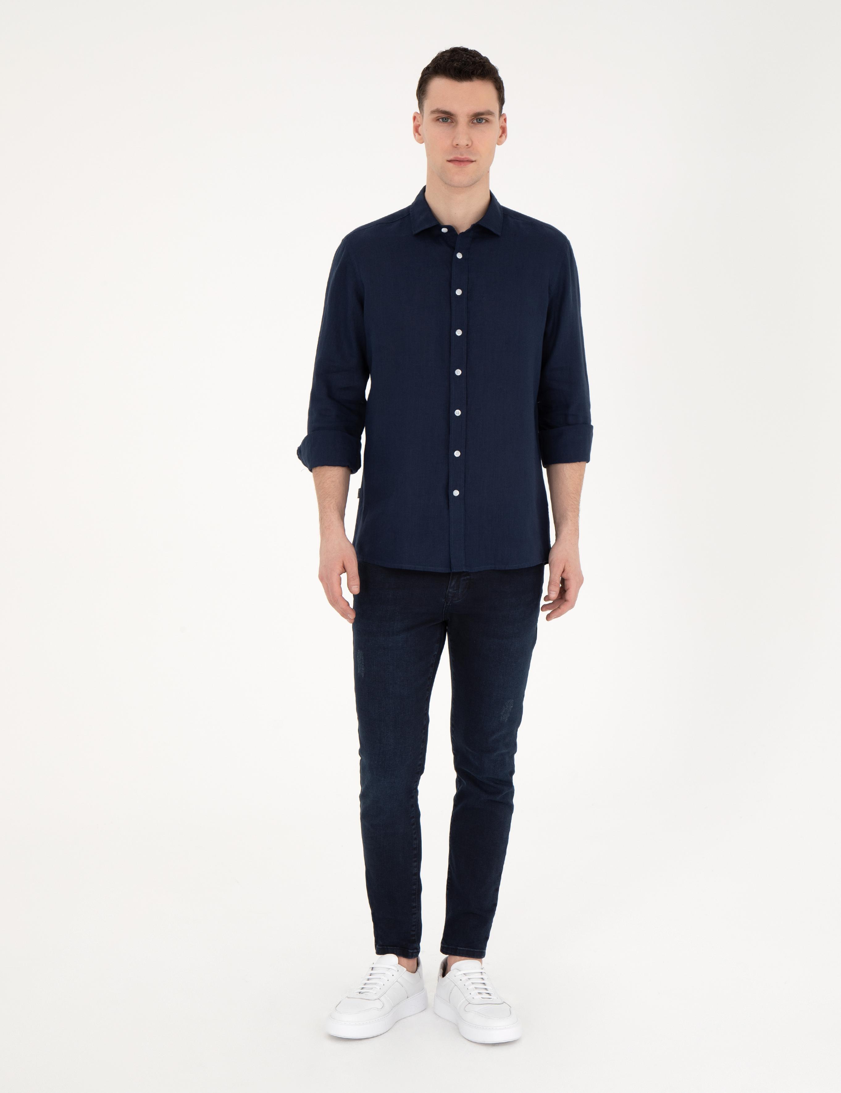 Koyu Lacivert Keten Regular Fit Gömlek