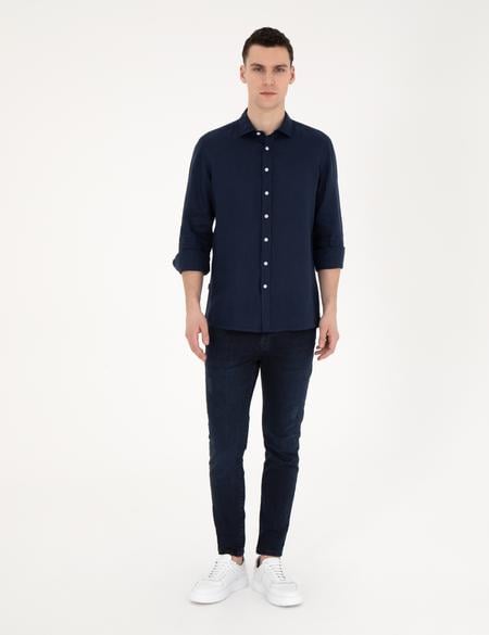 Koyu Lacivert Keten Regular Fit Gömlek - 50284915042