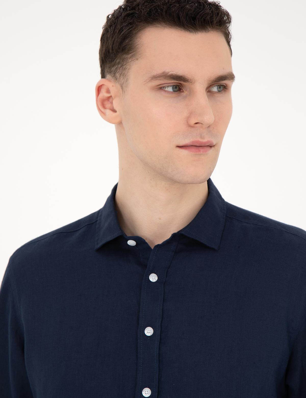Koyu Lacivert Keten Regular Fit Gömlek