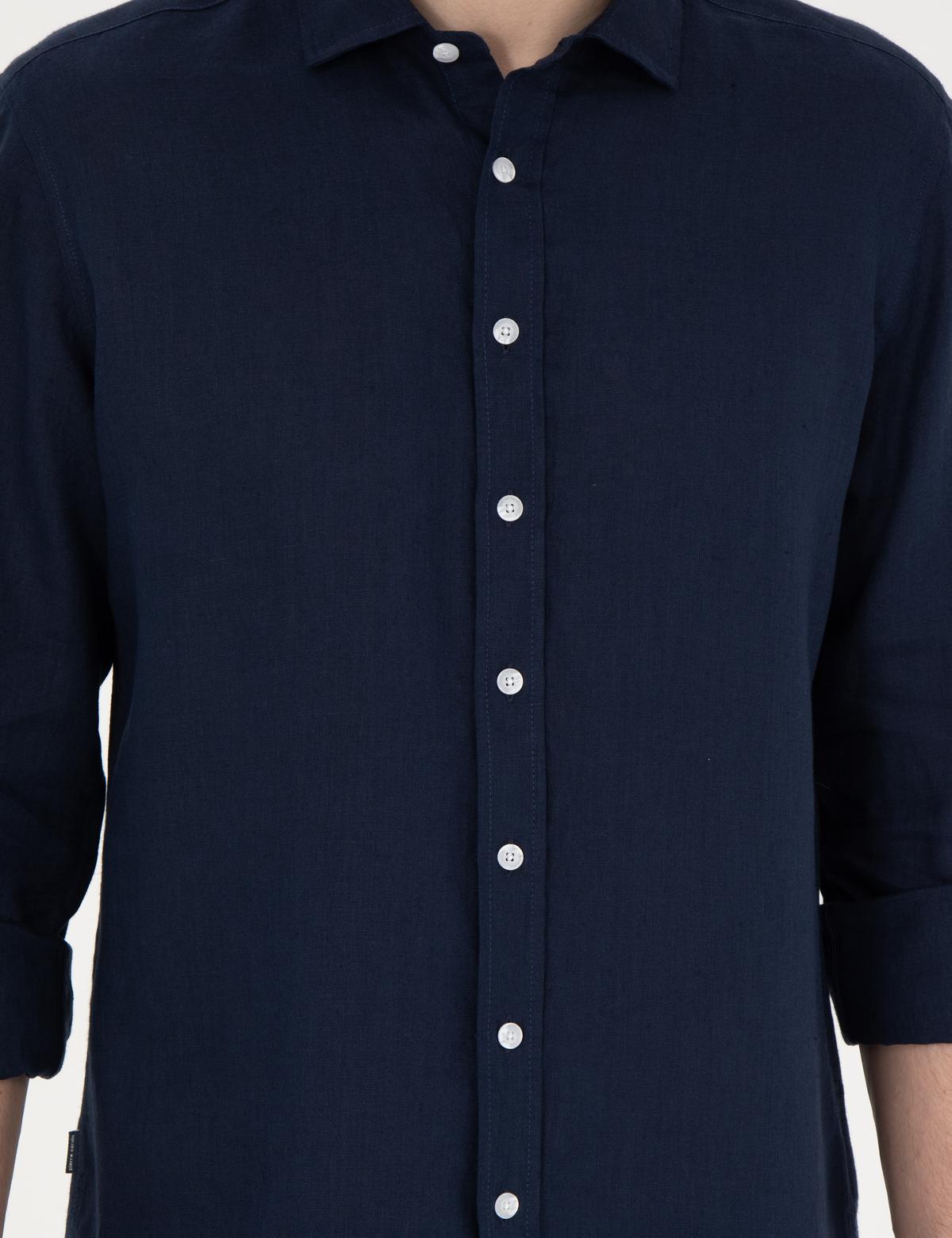 Koyu Lacivert Keten Regular Fit Gömlek - 50284915042