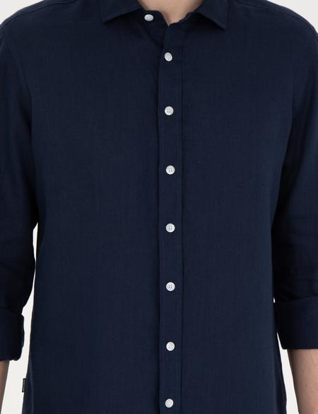 Koyu Lacivert Keten Regular Fit Gömlek - 50284915042