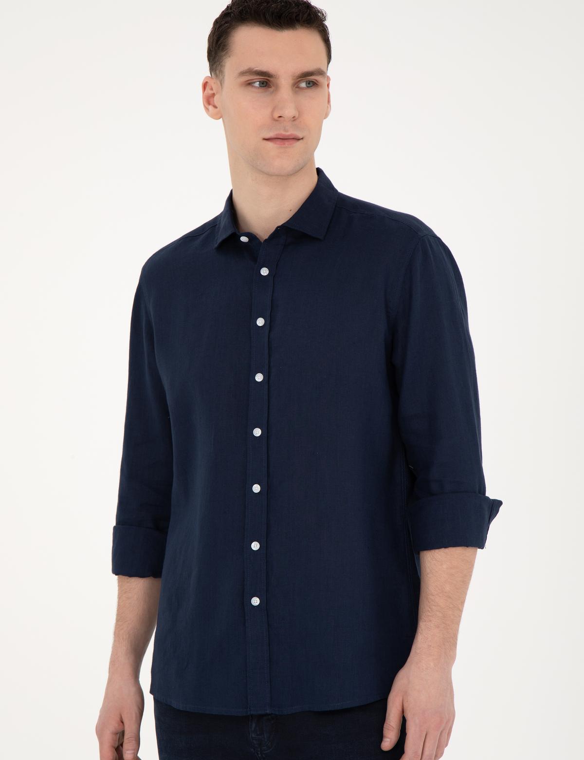 Koyu Lacivert Keten Regular Fit Gömlek - 50284915042