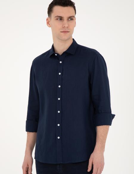 Koyu Lacivert Keten Regular Fit Gömlek - 50284915042