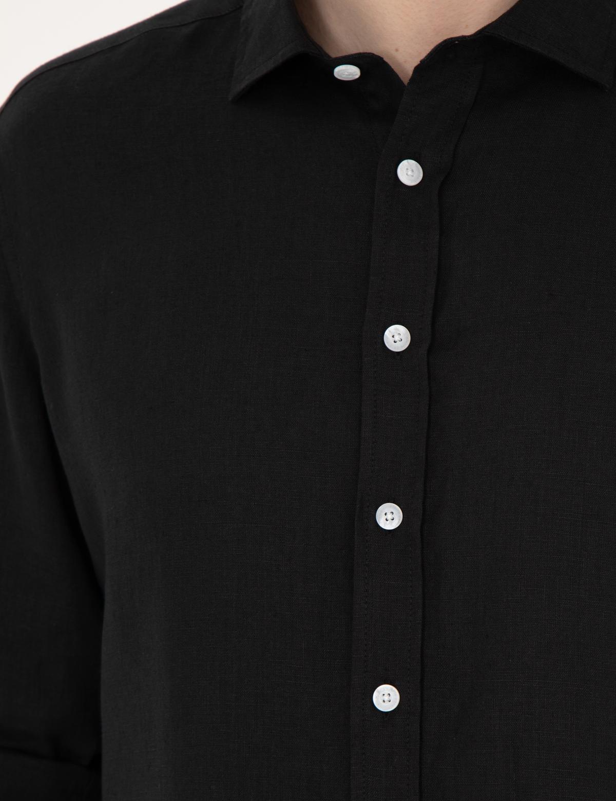 Siyah Keten Regular Fit Uzun Kollu Gömlek - 50284915062
