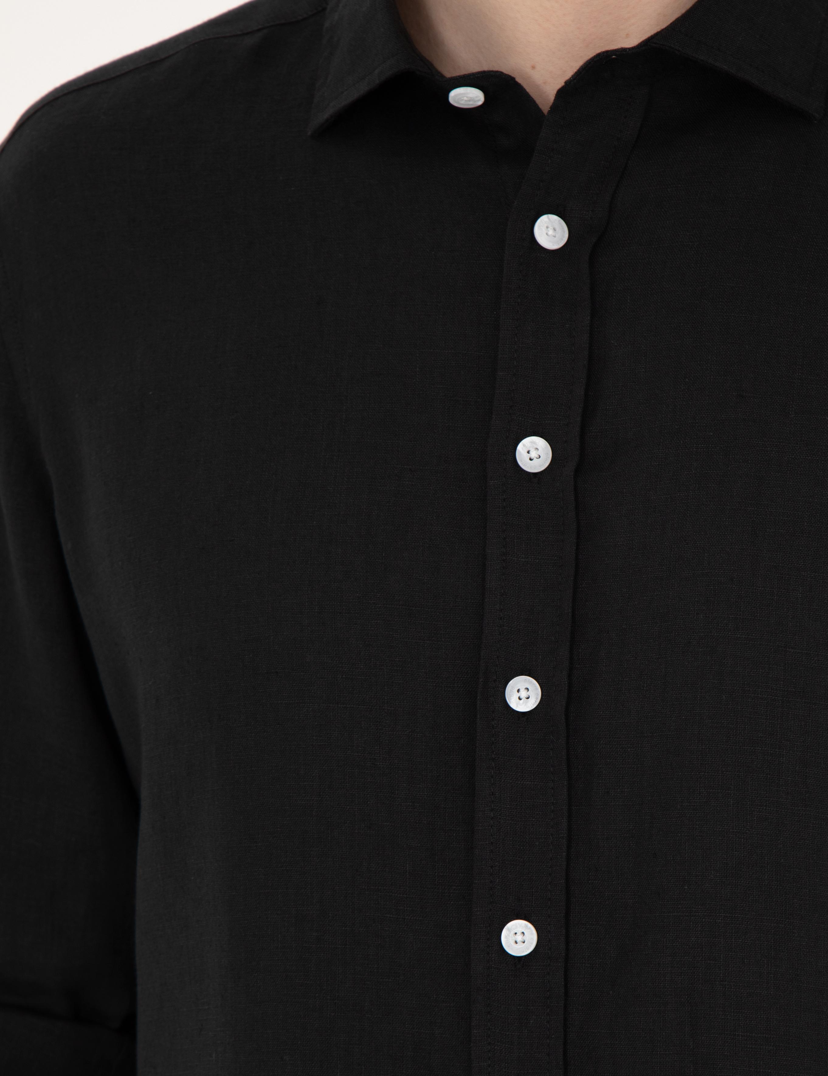 Siyah Keten Regular Fit Uzun Kollu Gömlek