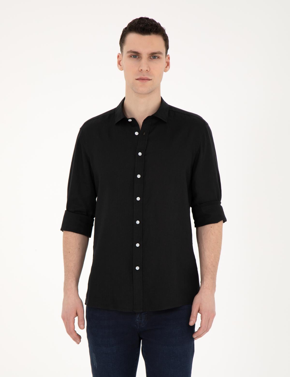 Siyah Keten Regular Fit Uzun Kollu Gömlek - 50284915062