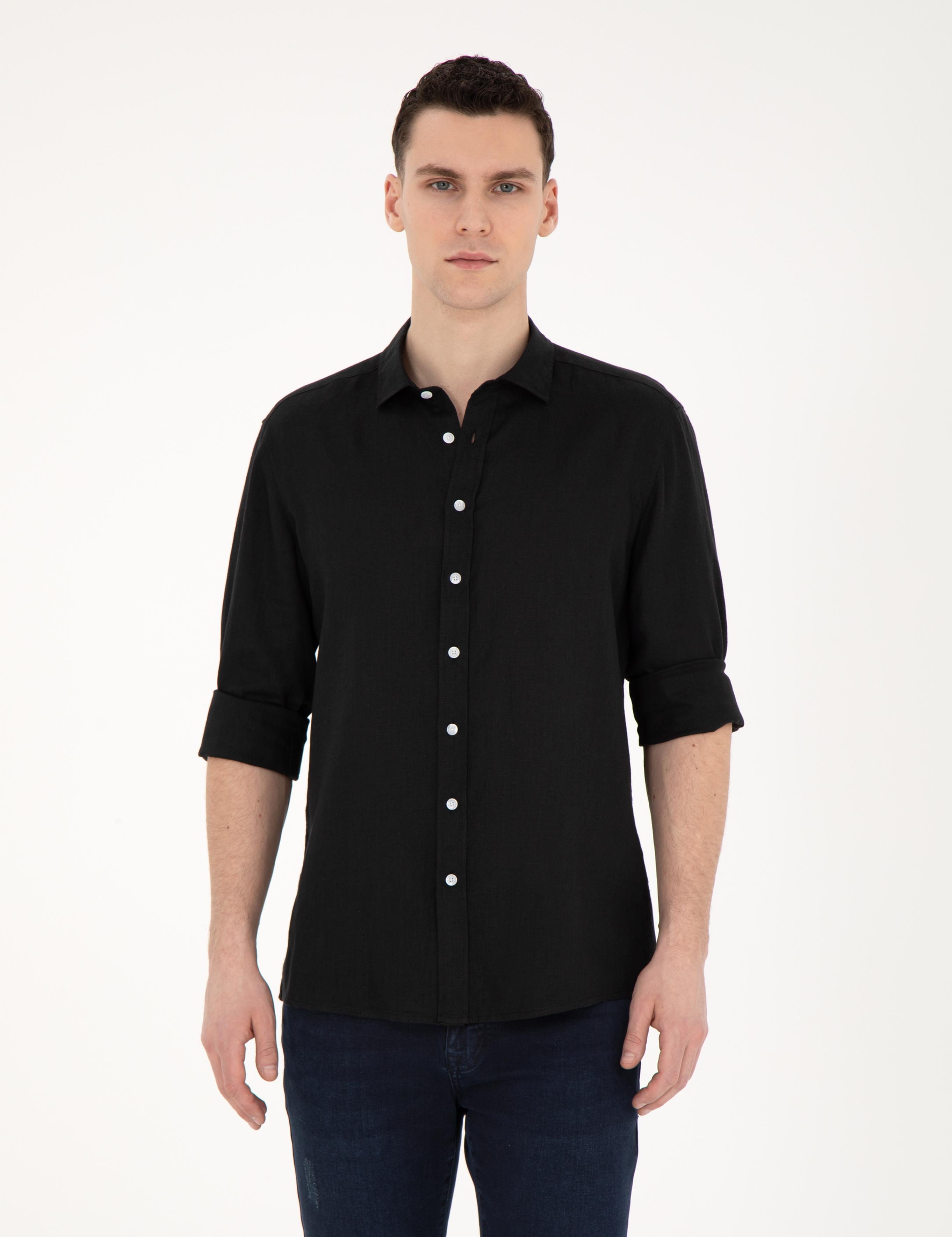 Siyah Keten Regular Fit Uzun Kollu Gömlek