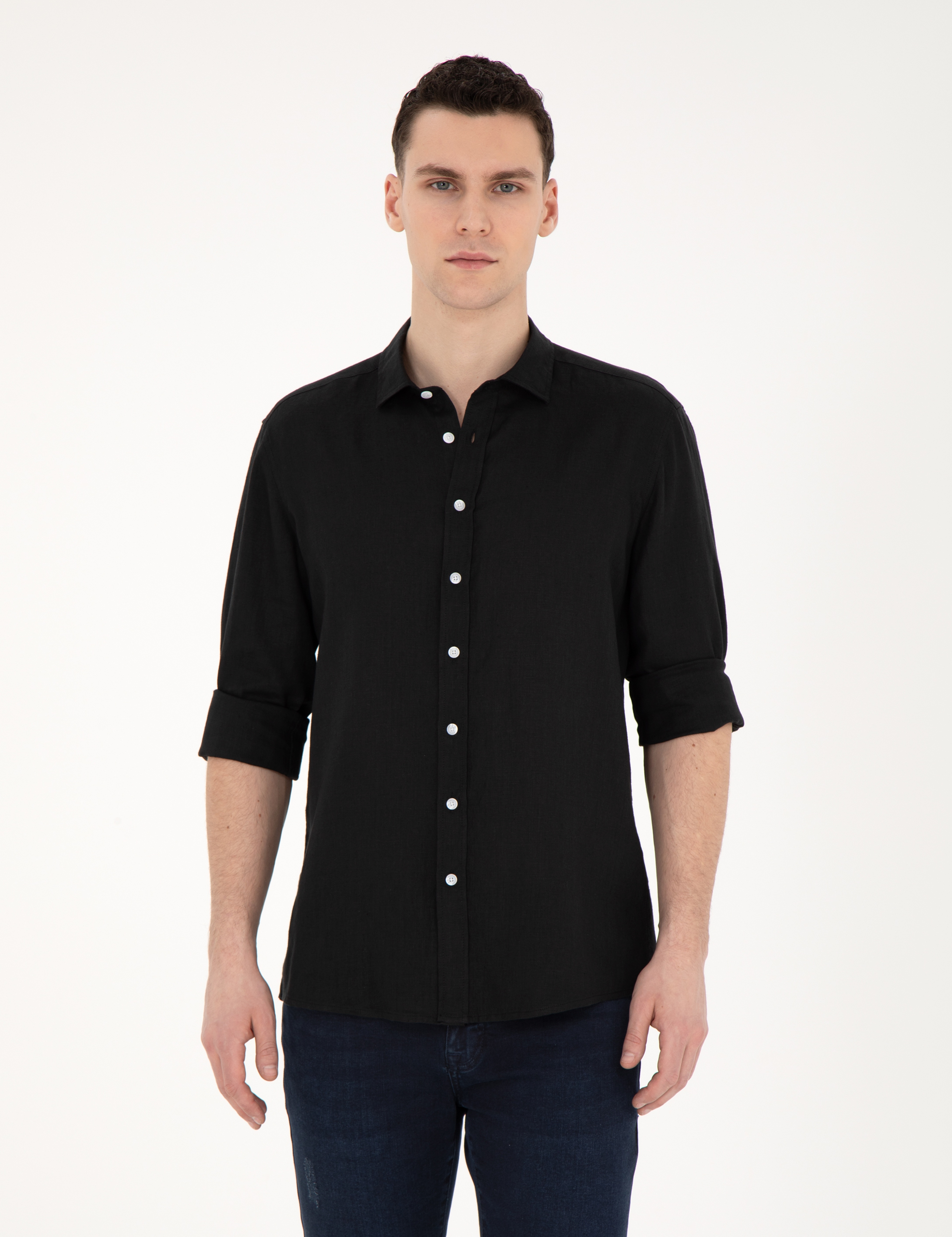 Siyah Keten Regular Fit Uzun Kollu Gömlek - Image 3