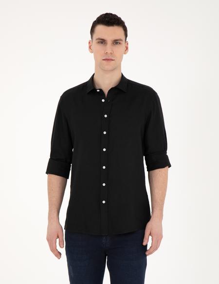 Siyah Keten Regular Fit Uzun Kollu Gömlek - 50284915062
