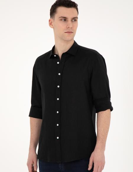 Siyah Keten Regular Fit Uzun Kollu Gömlek - 50284915062