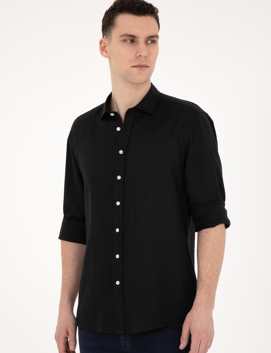 Siyah Keten Regular Fit Uzun Kollu Gömlek