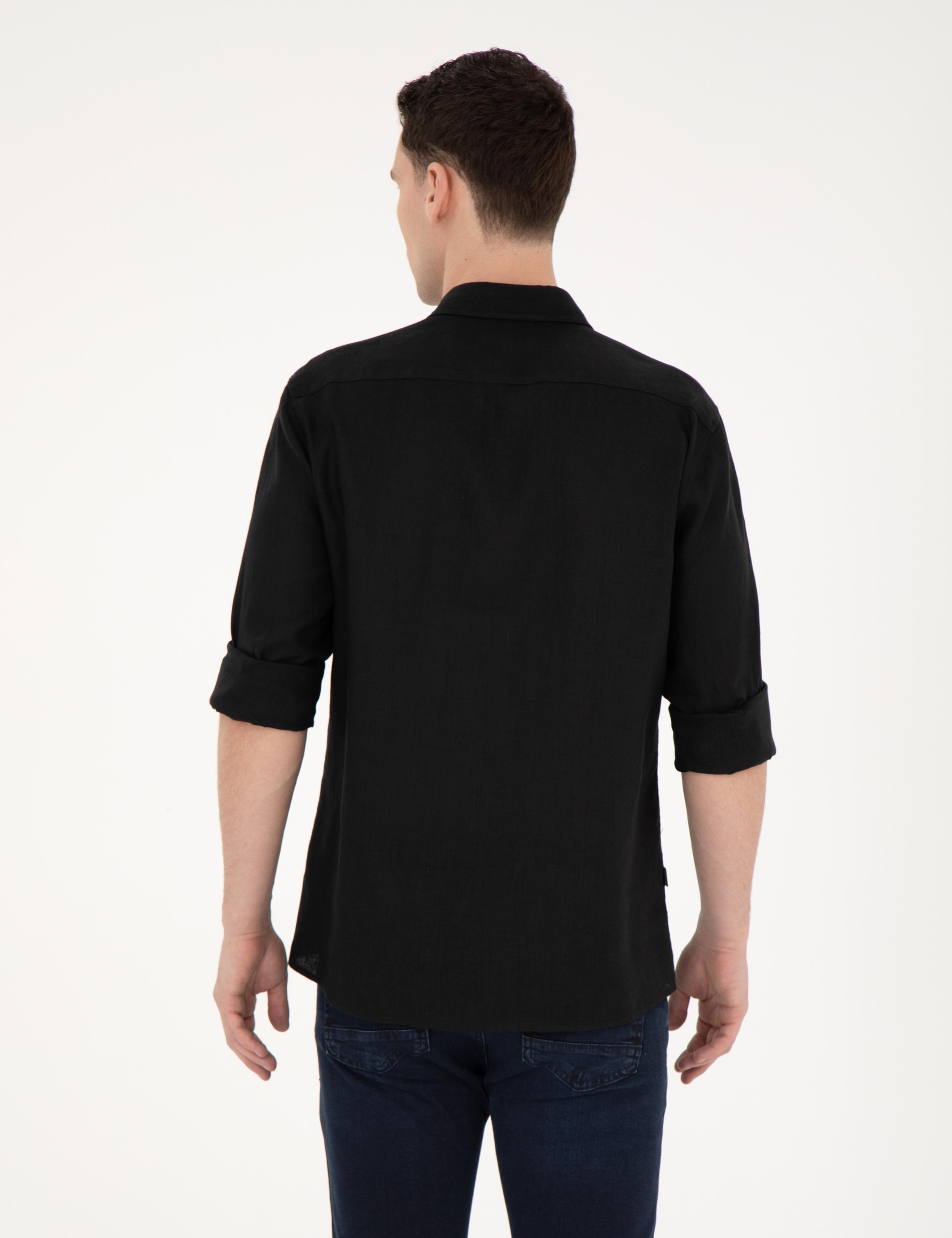 Siyah Keten Regular Fit Uzun Kollu Gömlek