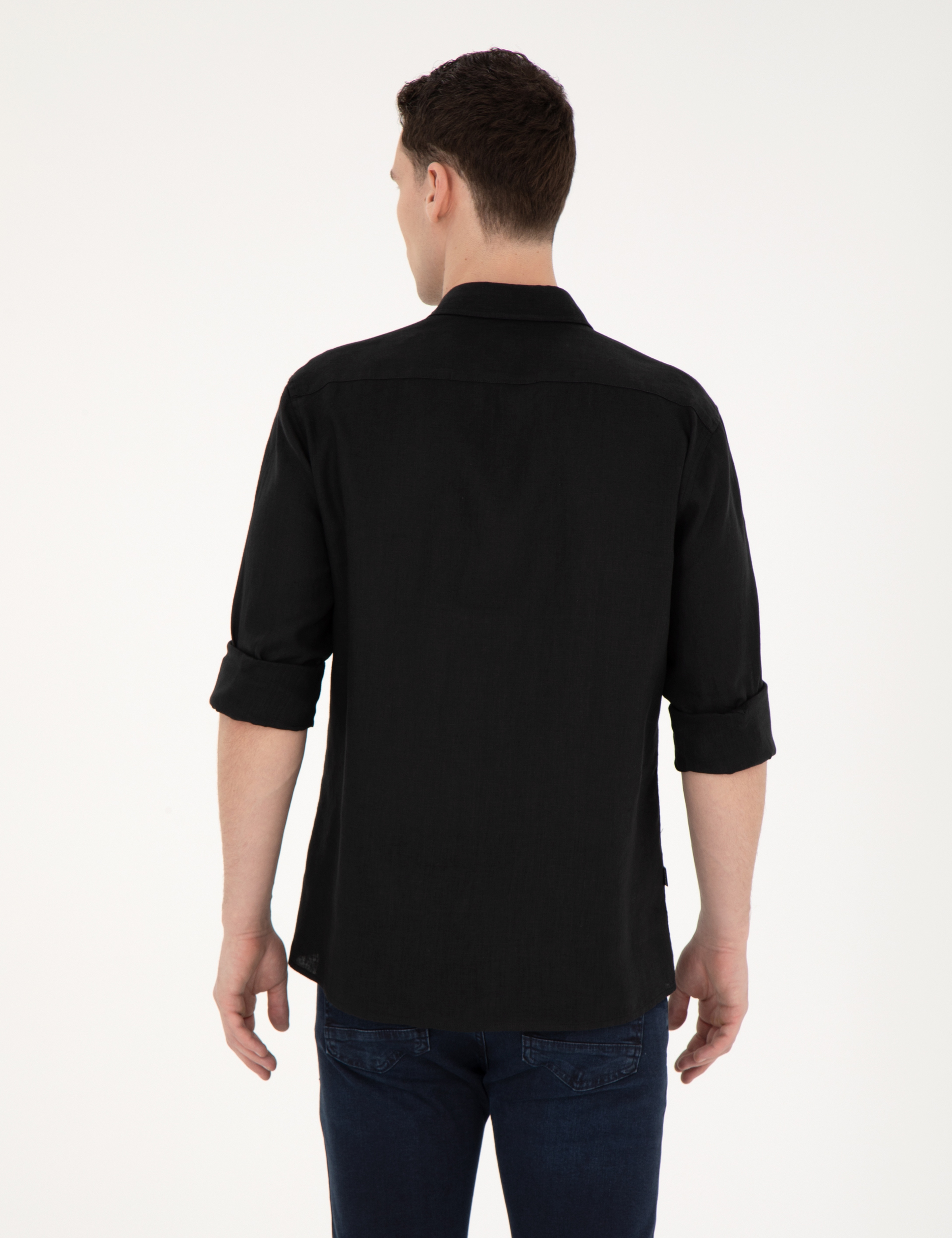 Siyah Keten Regular Fit Uzun Kollu Gömlek - Image 5